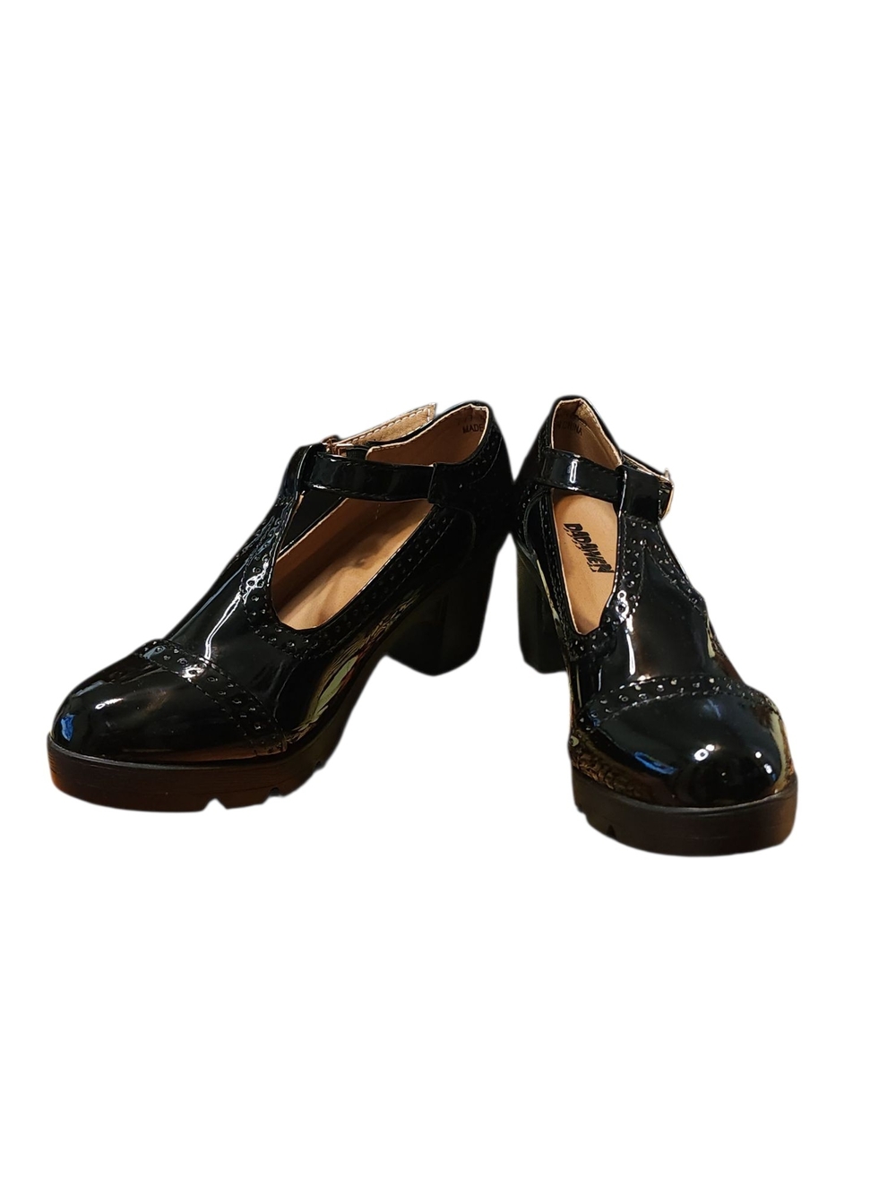 Dadawen Black Patent T-Strap Platform Mary Jane Block Heel Brogue Shoes Sz 9